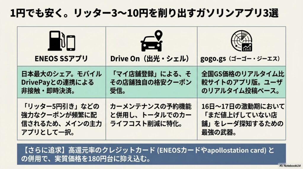 ENEOS SSアプリ、Drive On、gogo.gsの3つの特徴と、それぞれの活用メリットを比較した表 。
