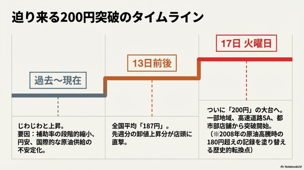 13日前後の187円から、17日火曜日の200円突破に向けた価格上昇のタイムラインと要因をまとめた表 。
