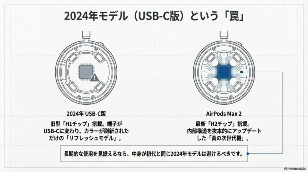 2024年モデルは旧型H1チップ搭載のリフレッシュ版であり、H2チップ搭載のAirPods Max 2こそが「真の次世代機」であることを警告する比較図。