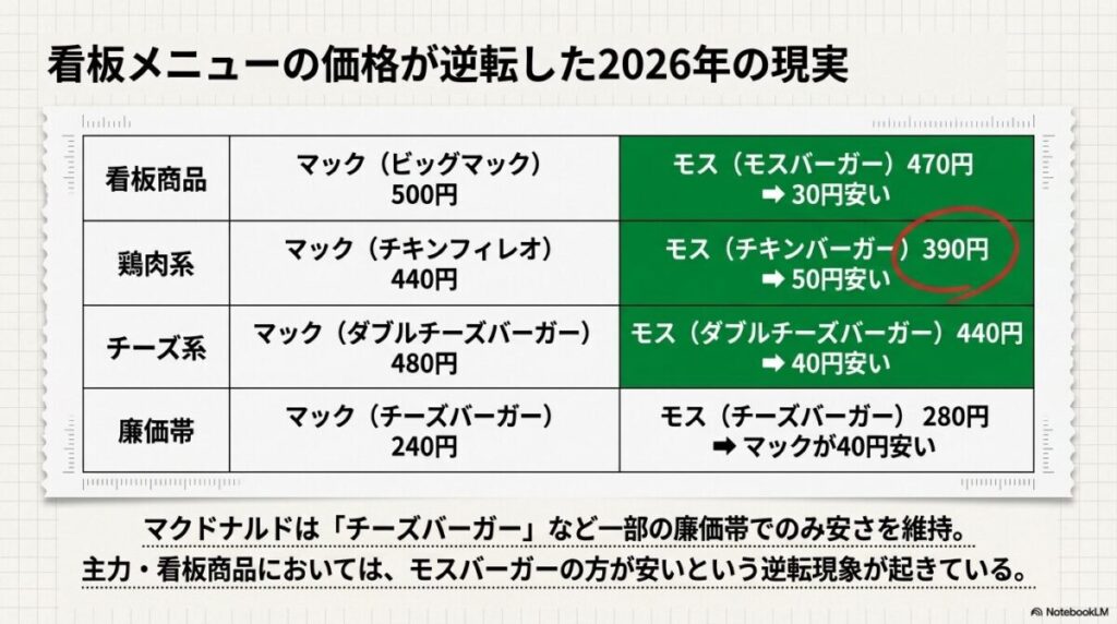 ビッグマック500円に対しモスバーガー470円など、主力商品においてモスの方が安いという逆転現象を示すデータ表