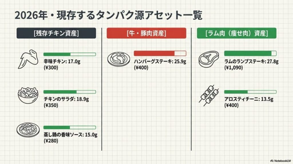 辛味チキン（17.0g）、ハンバーグステーキ（25.9g）、ラムのランプステーキ（27.8g）など、現在も利用可能なメニューのタンパク質量と価格の一覧表。