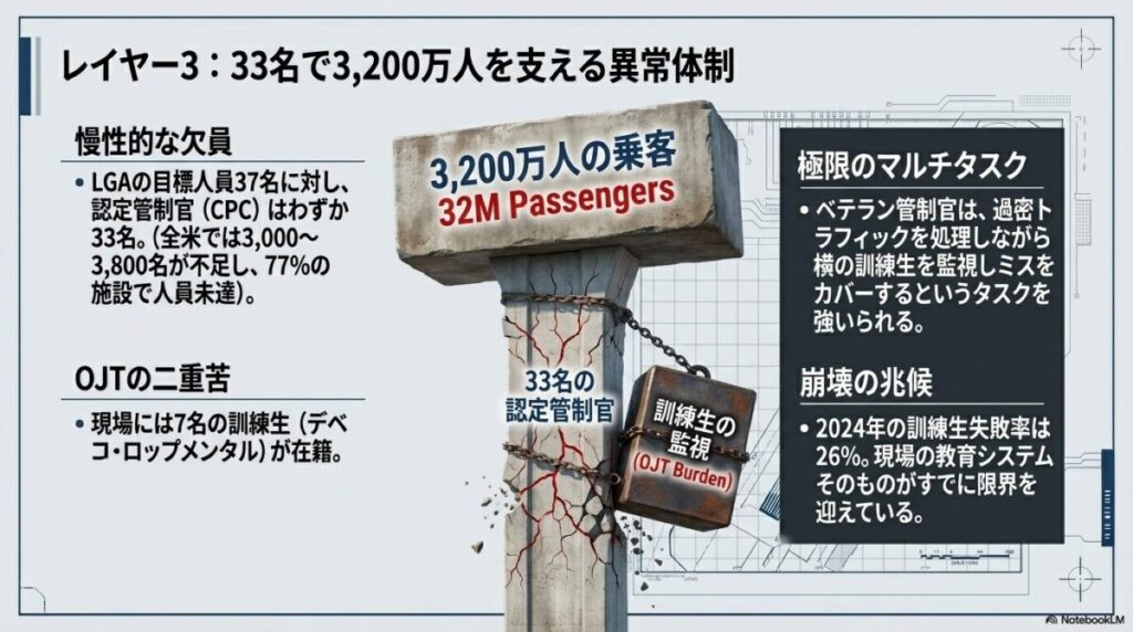 ラガーディア空港の目標人員37名に対し認定管制官が33名しかおらず、さらに訓練生の監視(OJT)がベテランの大きな負担となっている現状を示す図解。