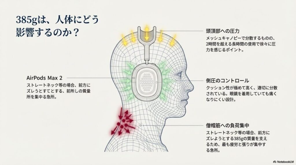人体の頭部と首の図解。頭頂部への圧力、側圧、僧帽筋への負荷が集中するポイントを赤と緑の矢印で示したヒートマップ風のイラスト。