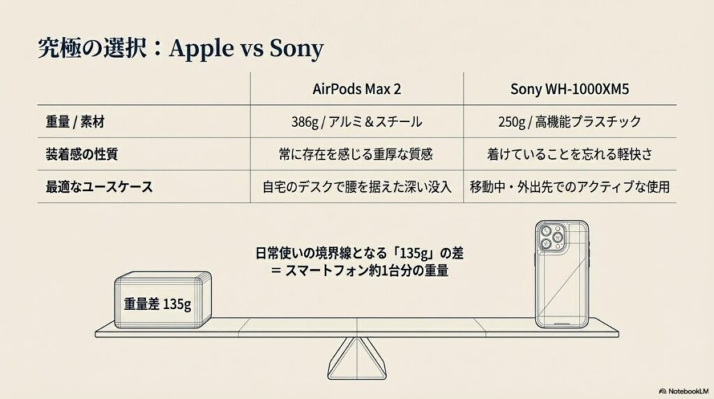 AppleとSonyの重量・素材・装着感・ユースケースを比較した表。135g（スマホ約1台分）の重量差を天秤で表現した図解。