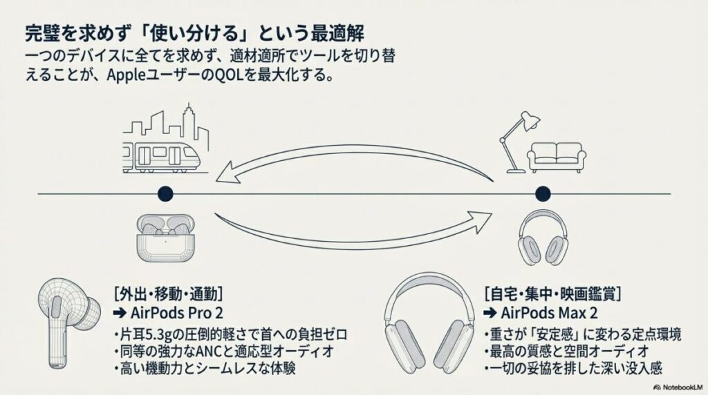 外出・通勤用のAirPods Pro 2と、自宅・没入用のAirPods Max 2を、それぞれのメリット（軽さ・機動力 vs 安定感・没入感）で使い分ける提案図。