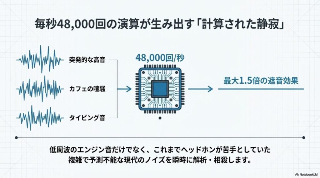 毎秒48,000回の演算により、突発的な高音やカフェの喧騒、タイピング音を解析・相殺し、最大1.5倍の遮音効果を実現する仕組みの解説。