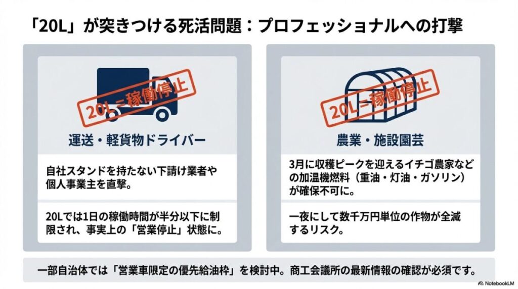 タンクローリーとビニールハウスに「20L=稼働停止」のスタンプが押されたイラスト。運送業者や農家への打撃を強調している。