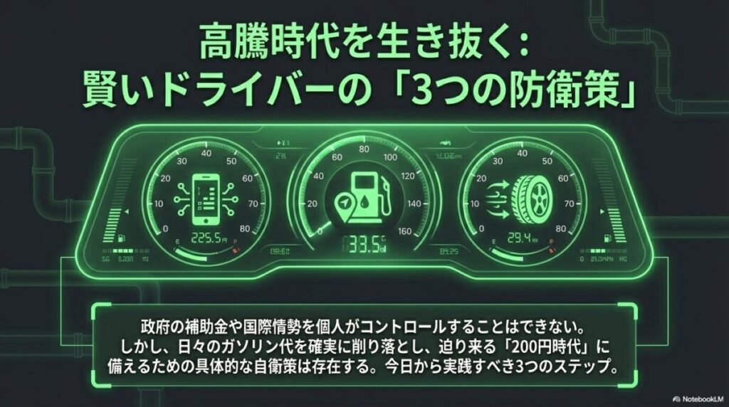 補助金の財源が底をついた際、価格が即座に225.7円へ跳ね上がる「最悪のシナリオ」と、経済ショックへの警戒を示すバッテリーアイコンの図。