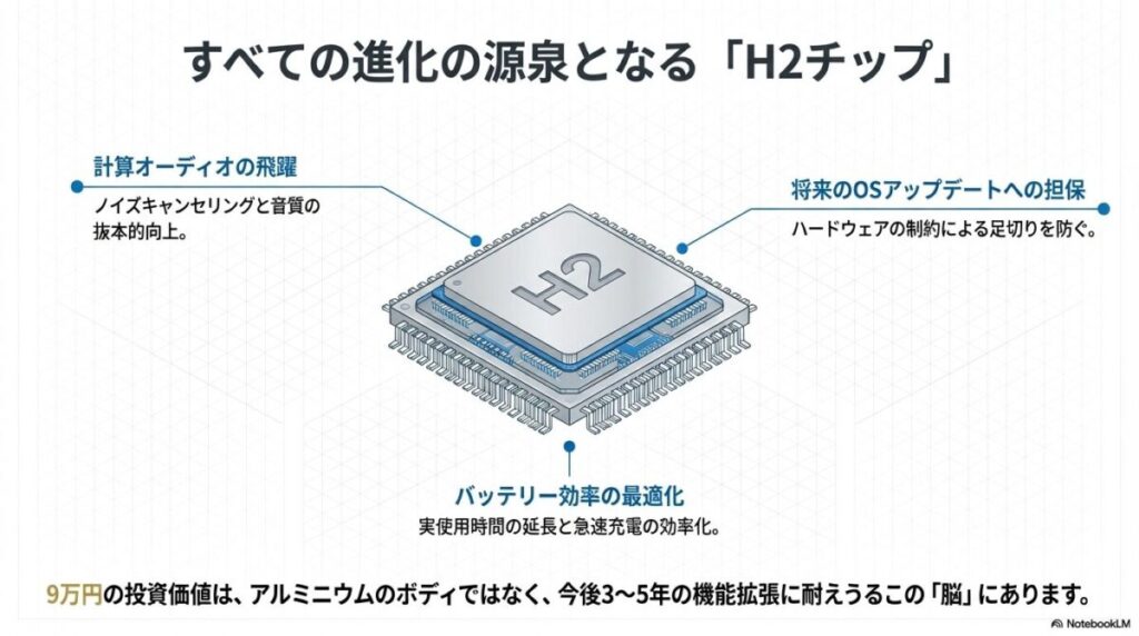 H2チップが、計算オーディオ、将来のOSアップデートへの担保、バッテリー効率の最適化という3つの進化をもたらすことを示す図解。