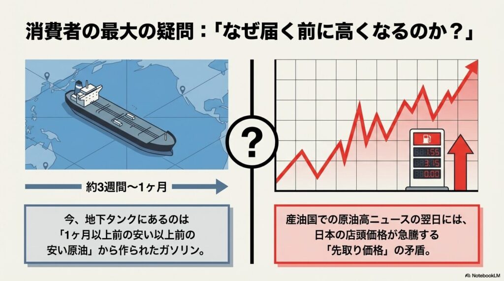 地下タンクにある「1ヶ月前の安い原油」と、ニュース翌日に急騰する「店頭価格」の矛盾を視覚化したイラスト 。