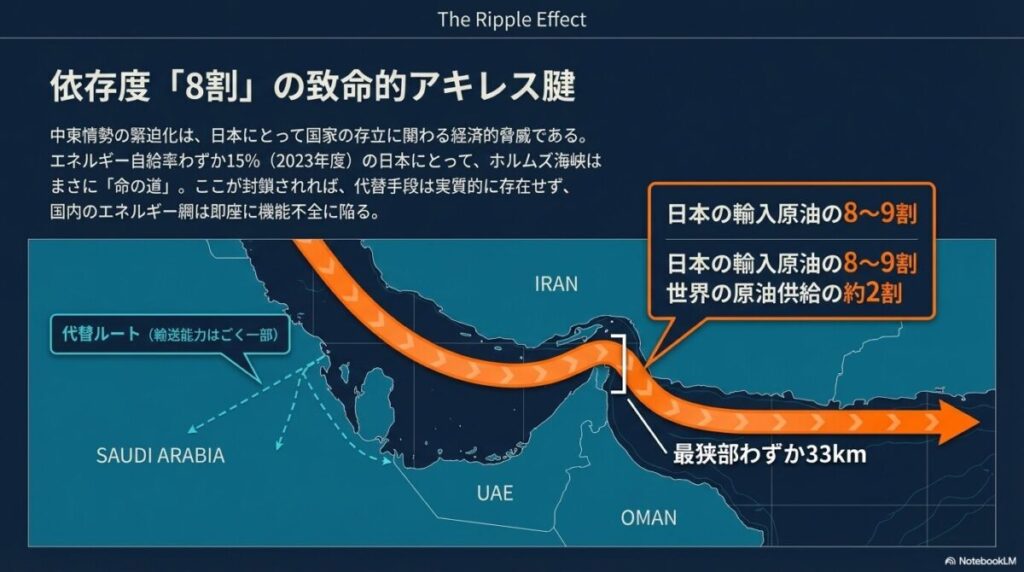 最狭部わずか33kmのホルムズ海峡マップ。日本の輸入原油の8〜9割がここを通過することを示す図。