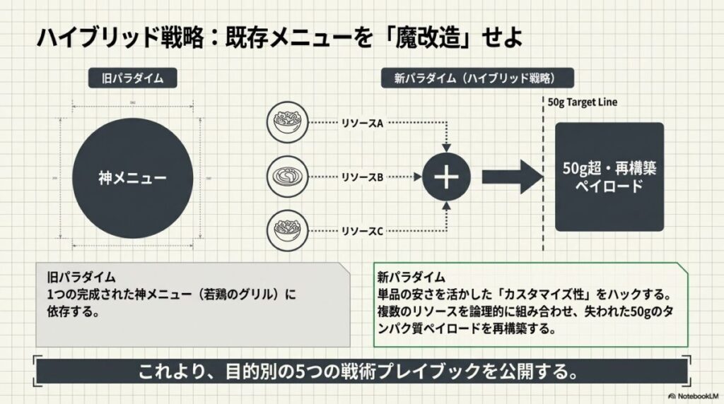 特定の神メニューに依存せず、複数の安価な単品メニューを論理的に組み合わせて50g超のタンパク質を再構築する「ハイブリッド戦略」の概念図。