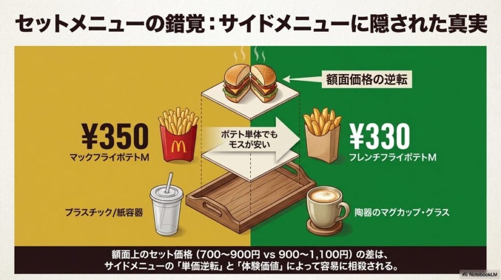 マックフライポテトM（350円/紙容器）とモスのフレンチフライポテトM（330円/陶器・グラス提供）を比較し、額面価格と体験価値の両面でモスが優位であることを示す図解。
