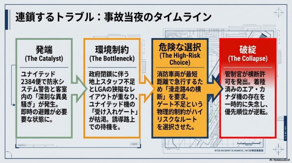 ユナイテッド機の異臭(発端)から、政府閉鎖によるゲート不足(ボトルネック)、消防車の滑走路横断要求(危険な選択)、そして管制官の失念(破綻)へと至る事故当夜の流れ。