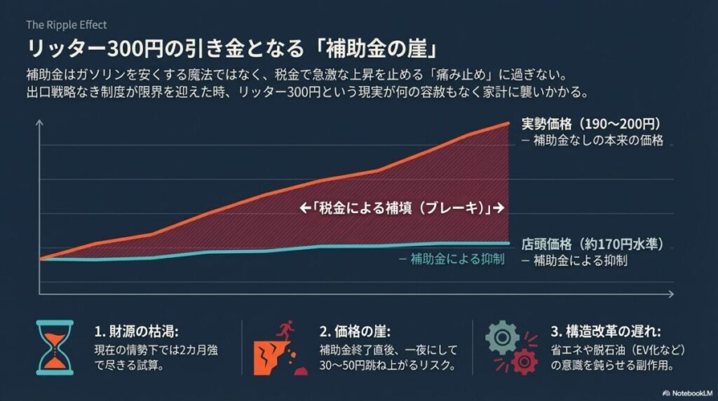 税金による補填（ブレーキ）がかかっている現状と、実勢価格との乖離、財源枯渇のリスクを示すグラフ。