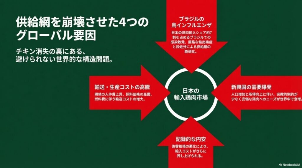 ブラジルの鳥インフルエンザ、コスト高騰、記録的な円安、新興国の需要爆発という、鶏肉供給不足を招いた4つの要因を解説する図解スライド。