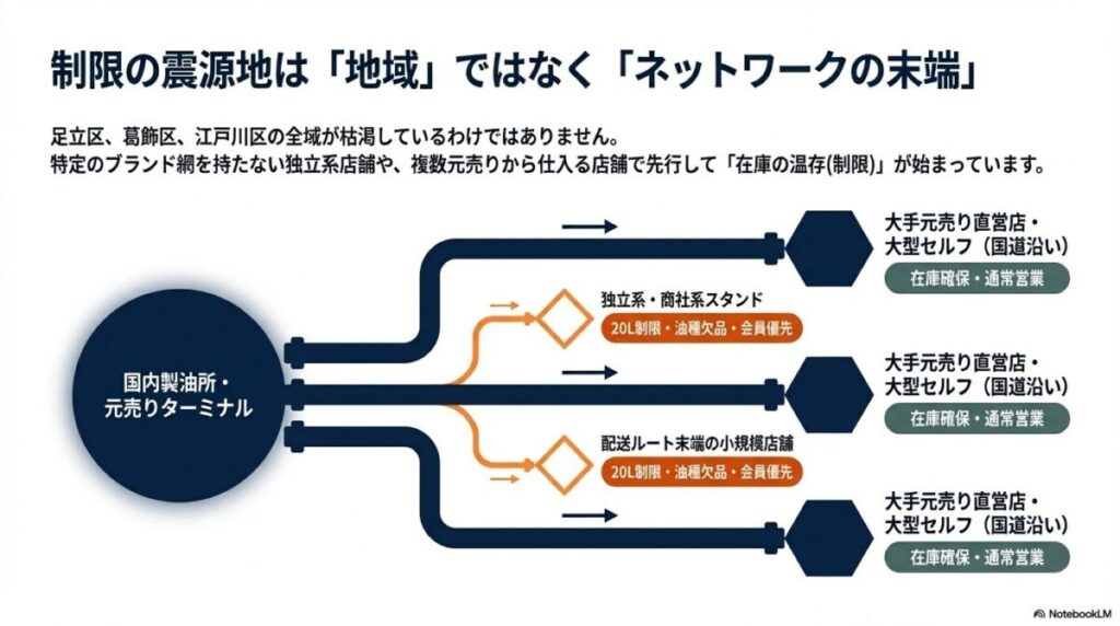 製油所から各スタンドへの供給網を示す図。大手直営店は在庫確保できているが、独立系や配送ルート末端の店舗で制限が起きている構造を示している。