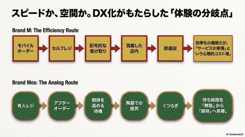 マクドナルドの「モバイルオーダー・即退店」という効率重視ルートと、モスの「有人レジ・陶器提供・くつろぎ」というアナログ重視ルートの心理的コストの違いを比較したフローチャート。