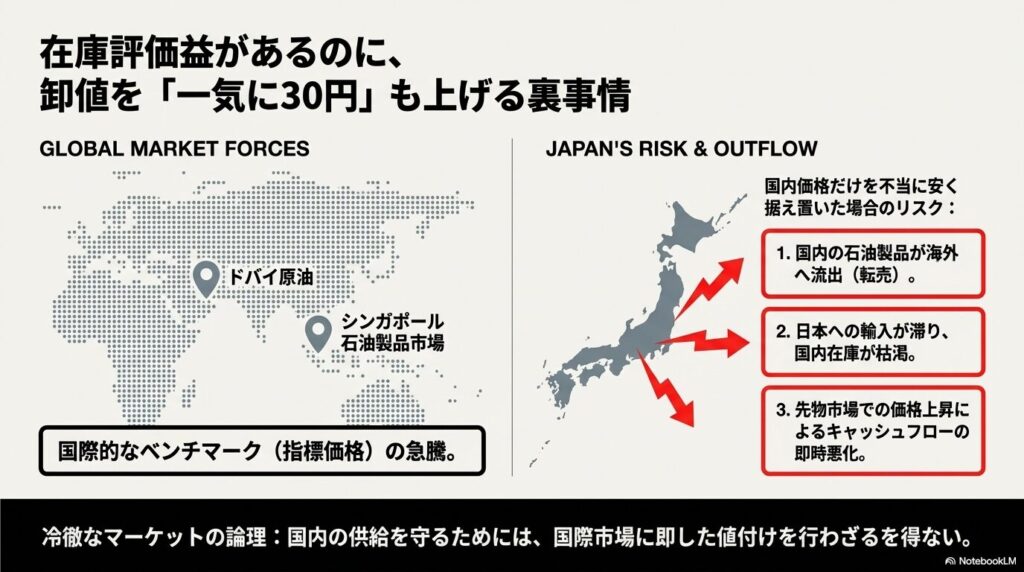 日本の価格を不当に安くした場合の「海外流出」や「在庫枯渇」といった3つのリスクと国際指標の関係図 。