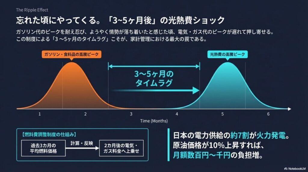 ガソリン・食料品のピークから数ヶ月遅れて光熱費のピークが来る燃料費調整制度の仕組み図。