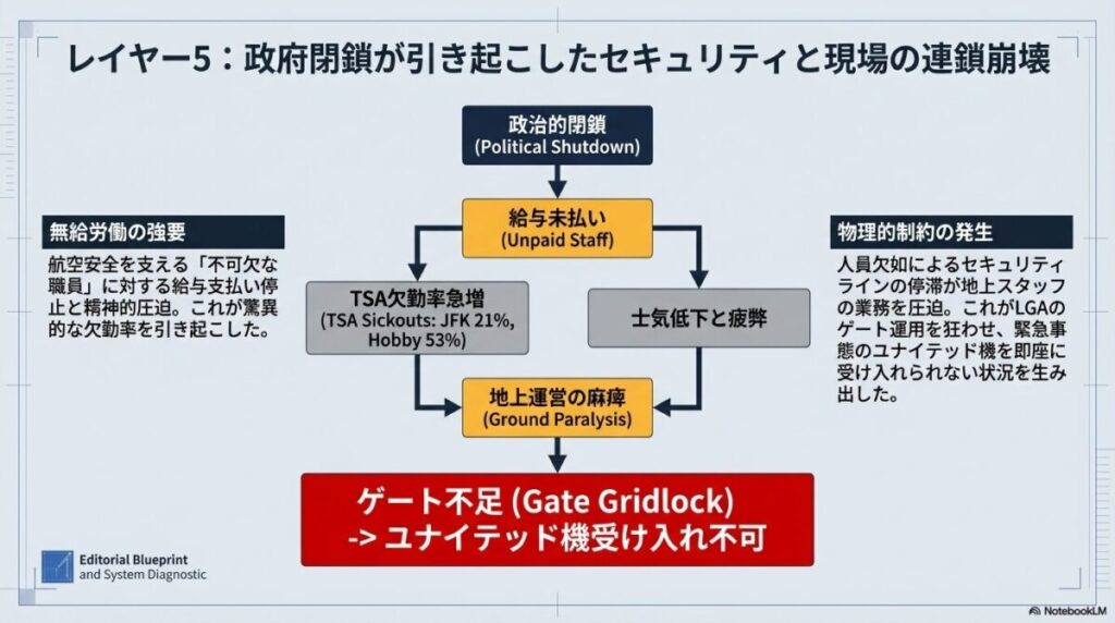 政府閉鎖による給与未払いがTSAの欠勤率急増を招き、士気低下と人員欠如によってゲート不足(ゲート・グリッドロック)が発生するまでの連鎖図。