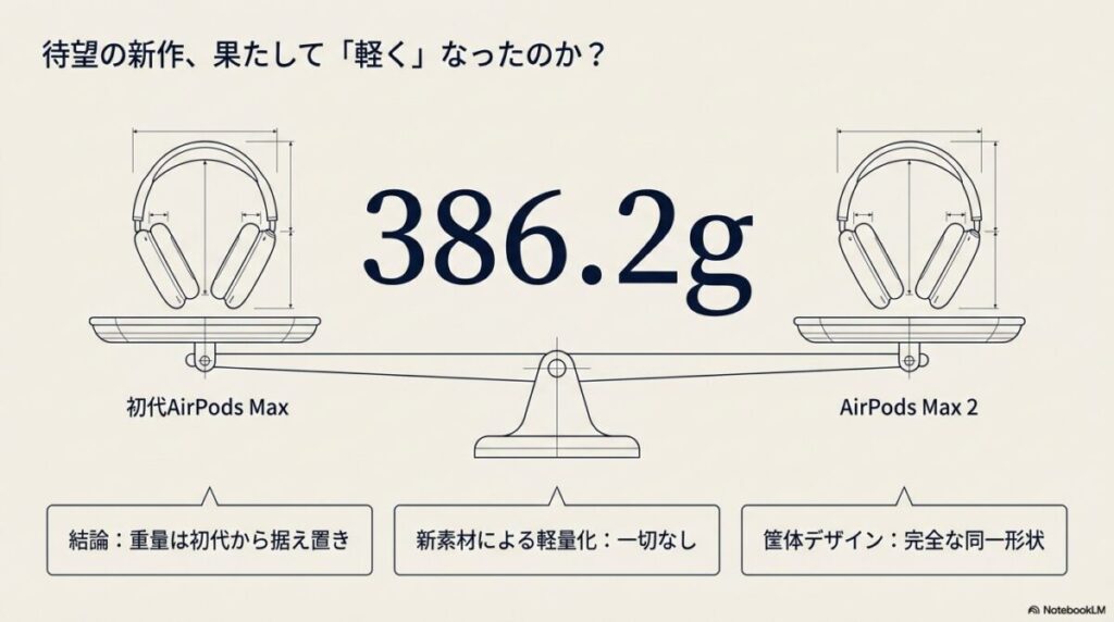 天秤に乗った初代AirPods MaxとAirPods Max 2。どちらも386.2gで、重量、素材、筐体デザインが同一であることを示す図解。
