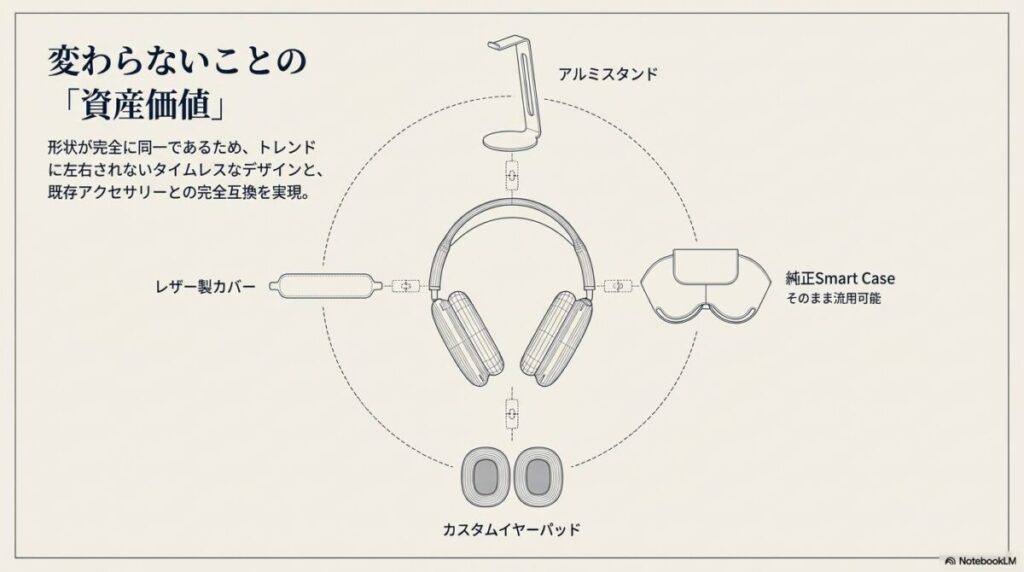 同一形状であるため、アルミスタンド、レザーカバー、カスタムイヤーパッド、純正スマートケースがそのまま流用可能であることを示す図解。