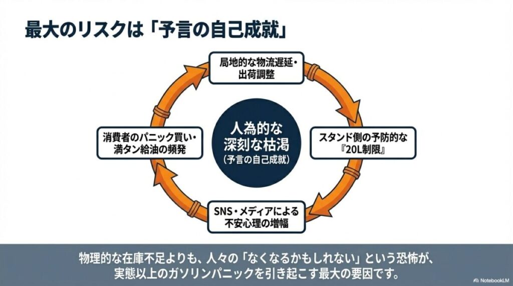 物流遅延、スタンドの制限、SNSによる不安増幅、パニック買いがループし、人為的に深刻な枯渇を引き起こすサイクル図。