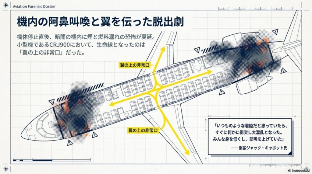 機体前方の損傷と煙の発生状況、および「翼の上の非常口」から避難する乗客の証言をまとめた平面図。