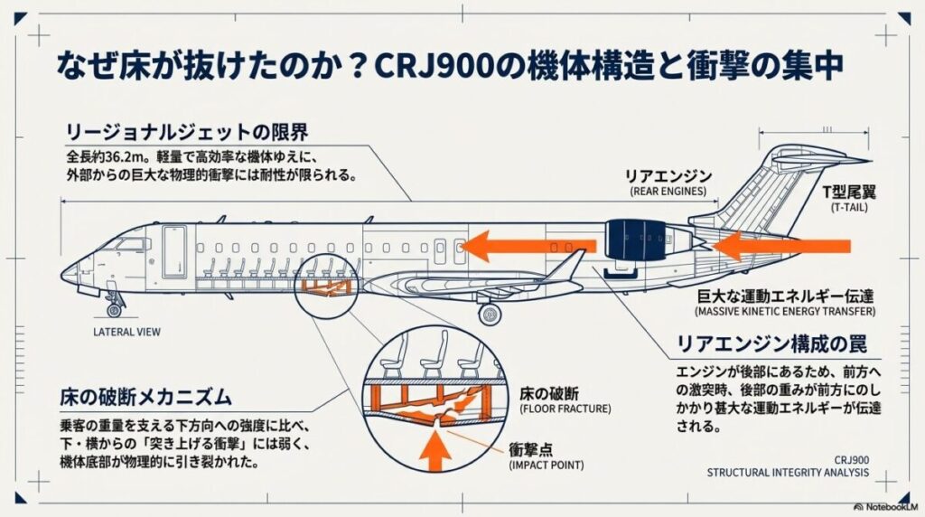 奇跡の生還を支えた「確実な固定」「衝撃の分散」「火災の回避」の3要素を説明するフロー図。