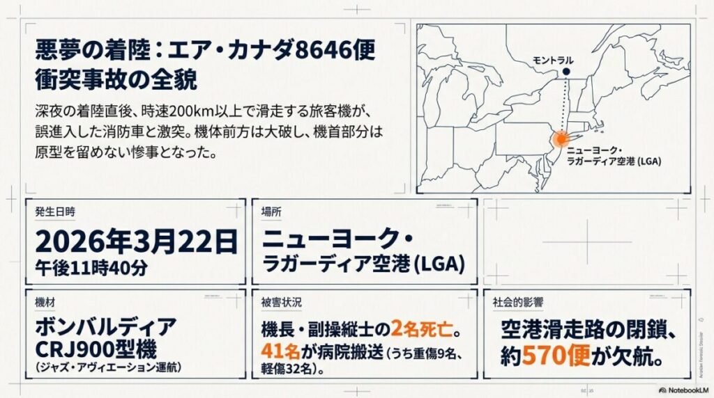 滑走路と緊急車両の交差ルート。衝突5秒前の緊急ブレーキ、01:53:34の衝突地点、そして衝撃による機体構造の破断プロセスを示す図解。