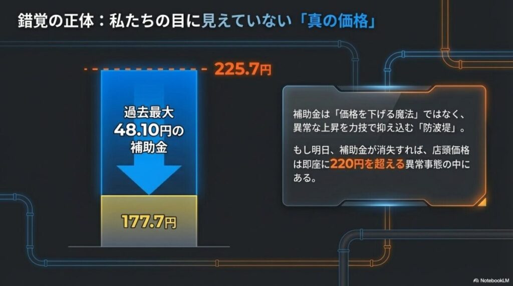 補助金48.10円が投入されている現在の177.7円に対し、補助金がない場合の「真の実力値」が225.7円であることを示す防波堤のイメージ図。