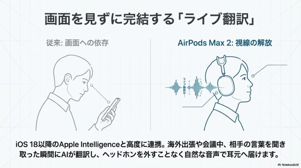 画面を見ずに、相手の言葉をAIが翻訳して耳元へ届ける「ライブ翻訳」の利用イメージ。iOS 18以降のApple Intelligenceとの連携を強調。