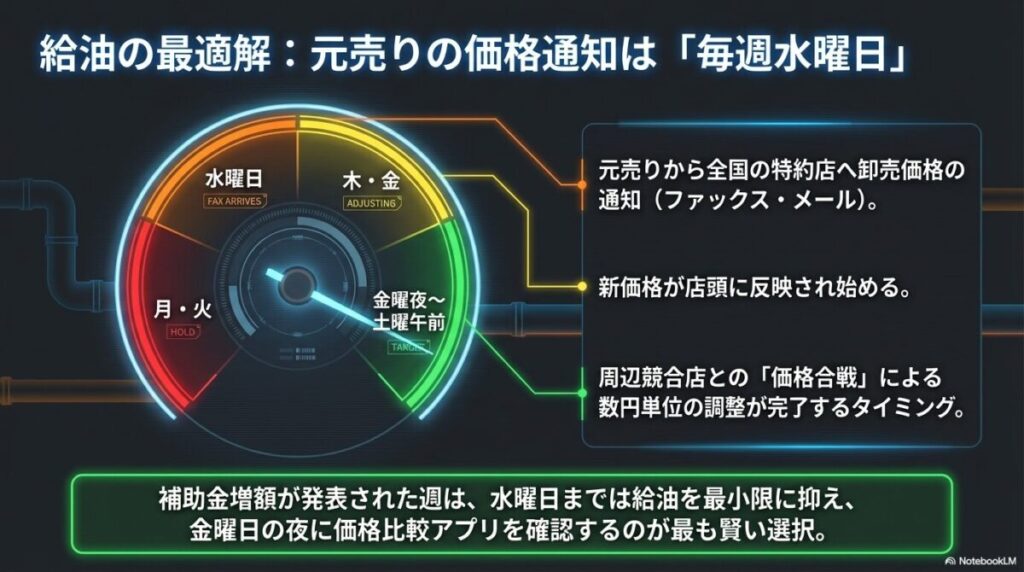 水曜日の卸売通知から週末の価格合戦完了までのサイクルを示し、金曜夜〜土曜午前が給油のターゲットであることを示す時計型のスケジュール図。