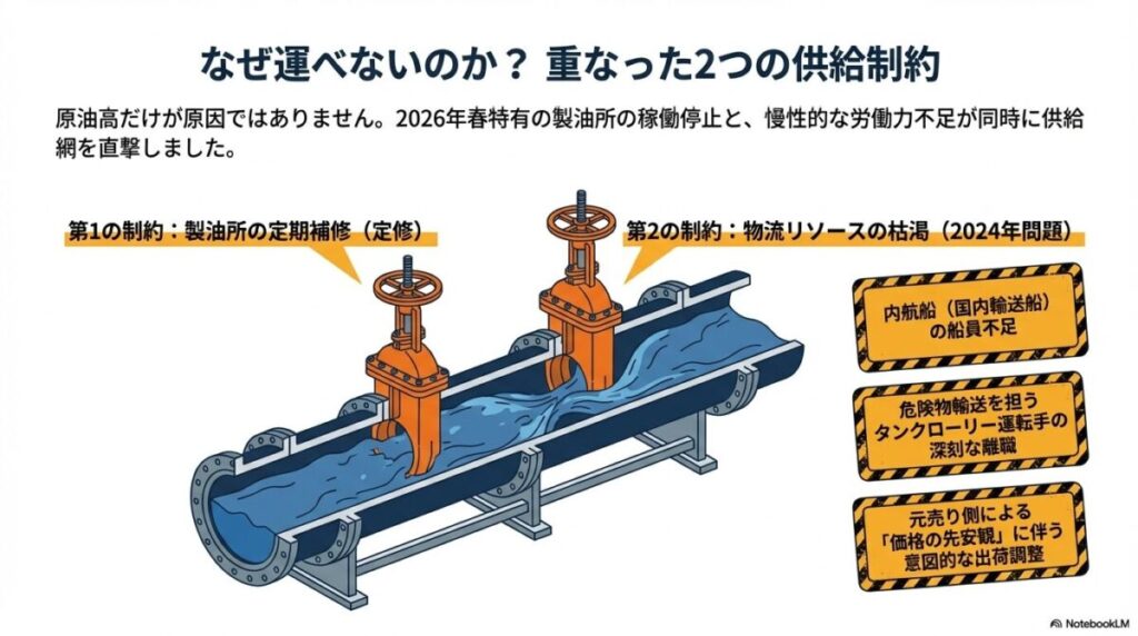 パイプラインに2つの大きなバルブ（製油所の定期補修と物流リソースの枯渇）があり、供給が制限されている様子を描いたイラスト。