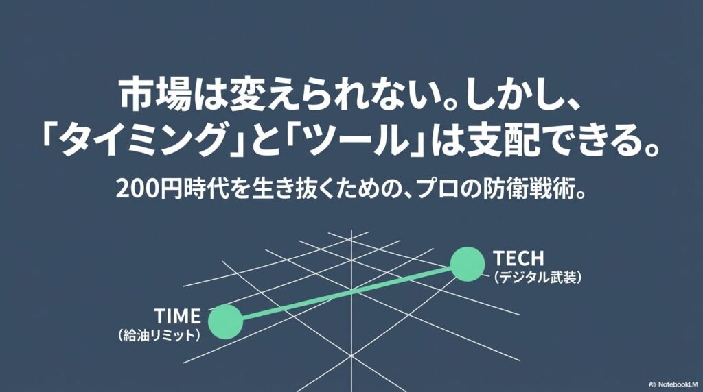 200円時代を生き抜くために、給油リミットの把握とデジタル武装の重要性を示す概念図 。