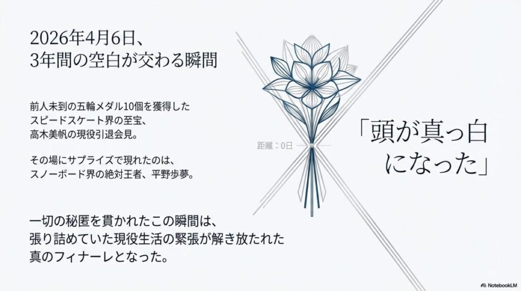  高木美帆選手の引退会見に平野歩夢選手がサプライズで現れた瞬間を記録したスライド。「頭が真っ白になった」という高木選手の言葉が添えられている。 