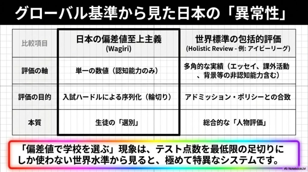 日本の偏差値至上主義（輪切り）と、アイビーリーグなどの世界標準（包括的評価）における、評価の軸や目的の違いをまとめた比較表。
