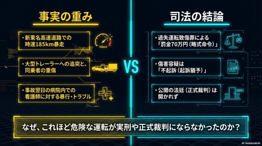 左側に「185km/h暴走」「トレーラーへの追突」「看護師への暴行」という事実、右側に「罰金70万円」「傷害容疑は不起訴」「正式裁判なし」という司法判断が対比されている図解。