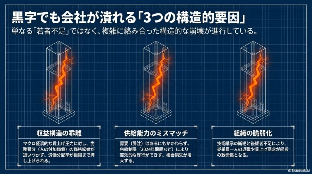 1.収益構造の乖離（価格転嫁の遅れ）、2.供給能力のミスマッチ（機会損失の増大）、3.組織の脆弱化（技術継承の断絶）の3点を解説したスライド。