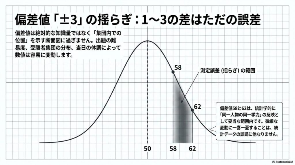 偏差値58から62の範囲が統計学的に「同一人物の同一学力」の反映として妥当な範囲内であることを示す、正規分布のグラフ。