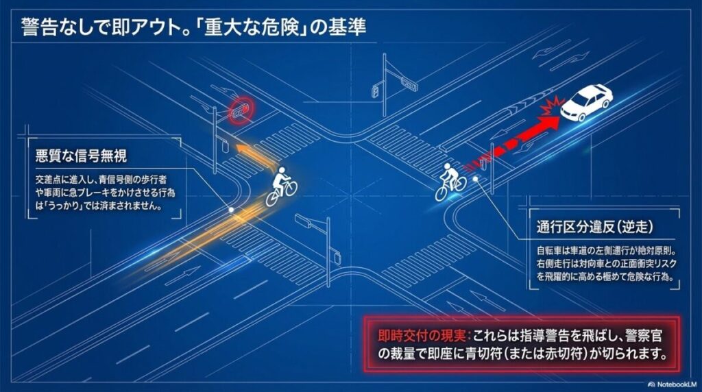 警告なしで青切符が切られる可能性が高い違反の例。信号無視、逆走（右側通行）、指定場所一時不停止、歩行者妨害の4つの図解。