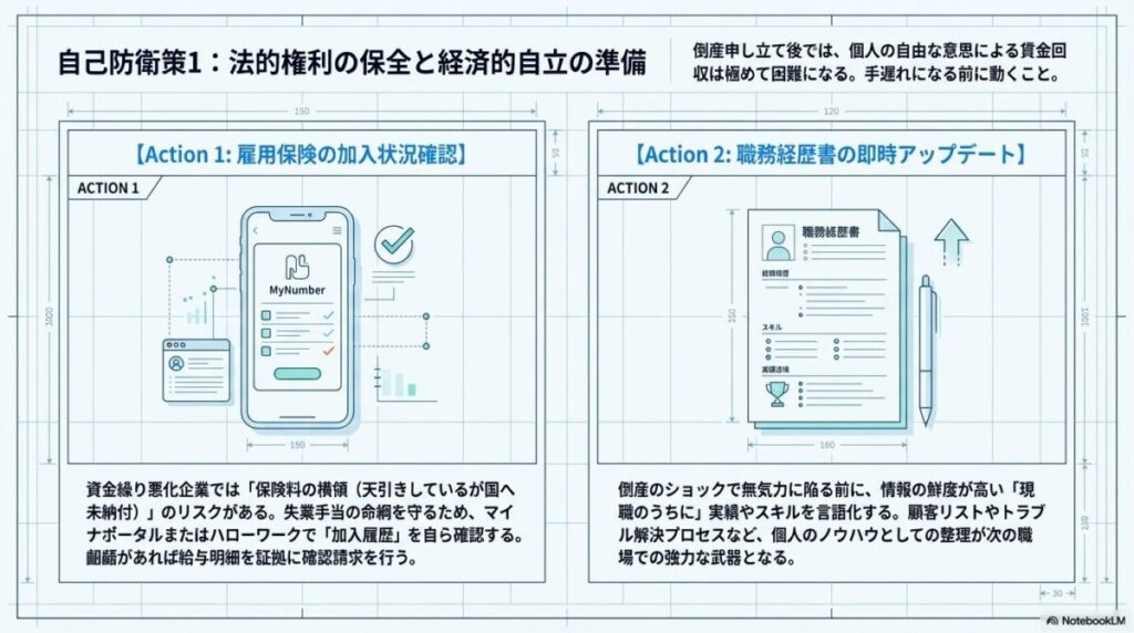 雇用保険の加入状況確認（Action 1）と、職務経歴書の即時アップデート（Action 2）を、具体的な確認方法とともに示したスライド。