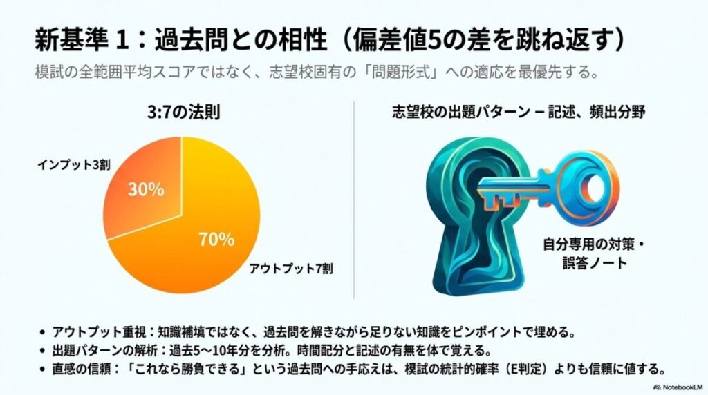 インプット3割：アウトプット7割の法則や、過去問を解きながら知識を埋める戦略、出題パターンの解析方法を解説した図解。