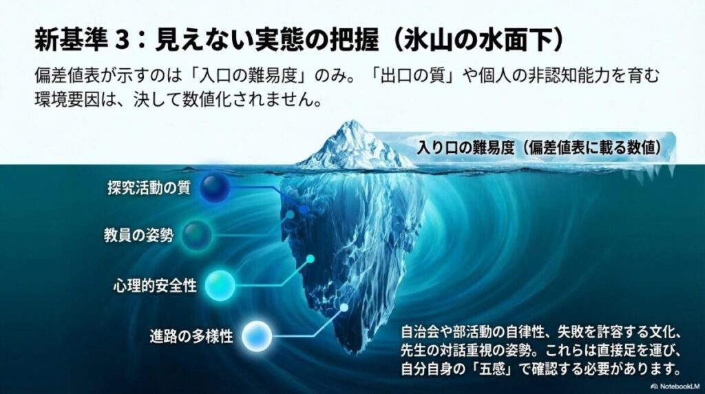 氷山の一角である偏差値（入口の難易度）と、水面下に広がる探究活動・教員の姿勢・心理的安全性・進路の多様性を対比させたイラスト。