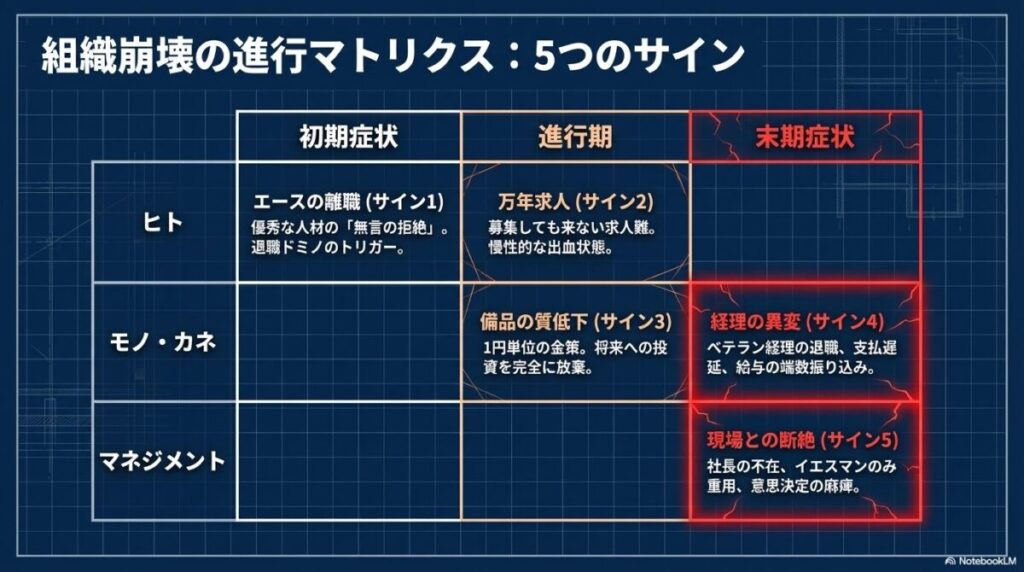 ヒト、モノ・カネ、マネジメントの3軸で、エースの離職や備品の質低下、経理の異変、現場との断絶などの予兆を「初期・進行・末期」の段階別にまとめたマトリクス表。