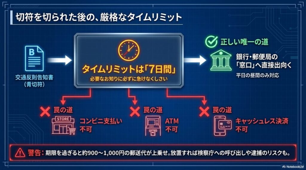 青切符を受け取った後の流れ。納付期限は7日間以内であること、支払い場所は銀行や郵便局などの金融機関窓口のみ（コンビニ不可）であることを示すフローチャート。