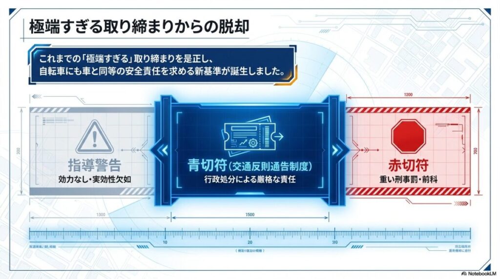 自転車の青切符制度の仕組み。対象年齢は16歳以上（高校生以上が目安）であり、16歳未満は引き続き指導警告が中心となることを比較したイラスト。