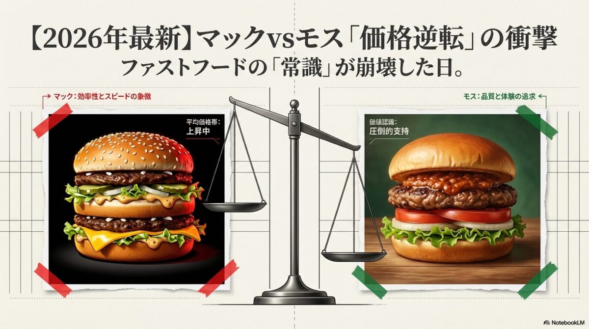 天秤の左側にマクドナルド（効率・スピード）、右側にモスバーガー（品質・体験）が乗り、モスの価値が重く評価されていることを示す比較図