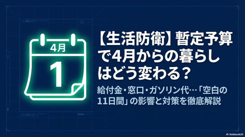 「暫定予算で4月からの暮らしはどう変わる？」というタイトルと、給付金・窓口・ガソリン代への影響を解説することを明示したガイドの表紙画像。